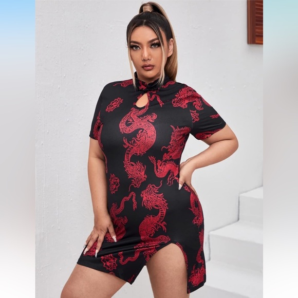 Dresses & Skirts - Women's Plus Size Chinese Dragon Print Bodycon Cheongsam Split Mini Dress
